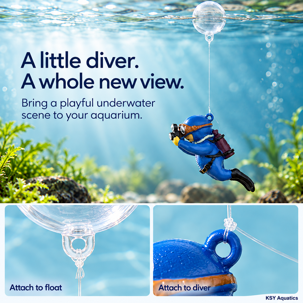 Floating aquarium diver decoration with clear line and transparent float ball
