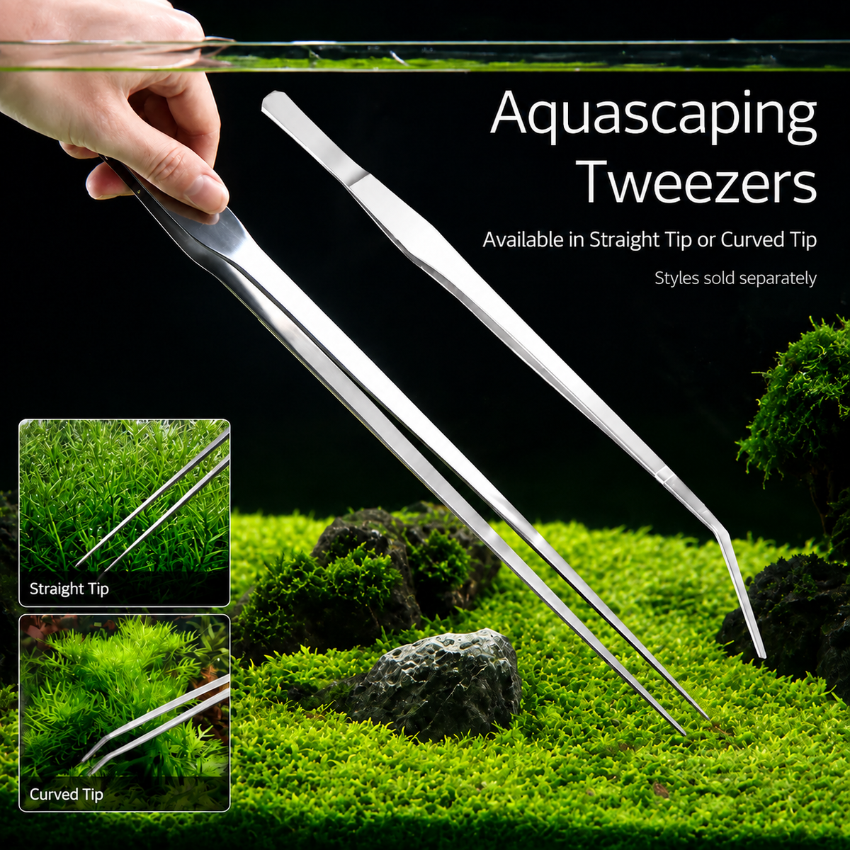 straight tip and curved tip aquarium tweezers for aquascaping
