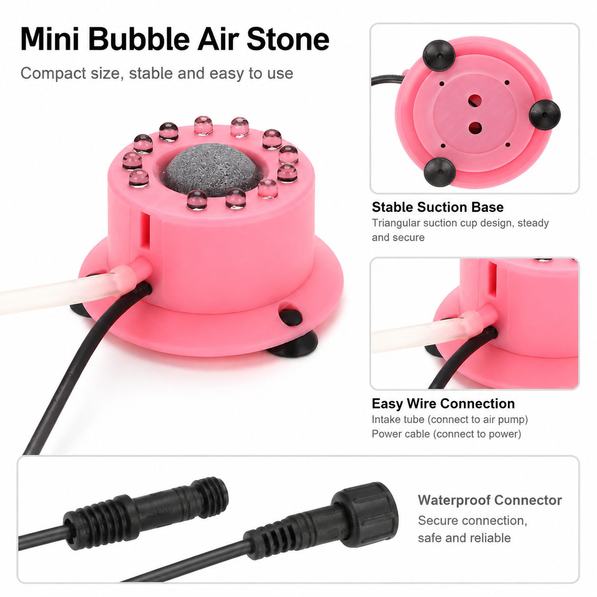 Compact aquarium bubble light with suction base and waterproof connector