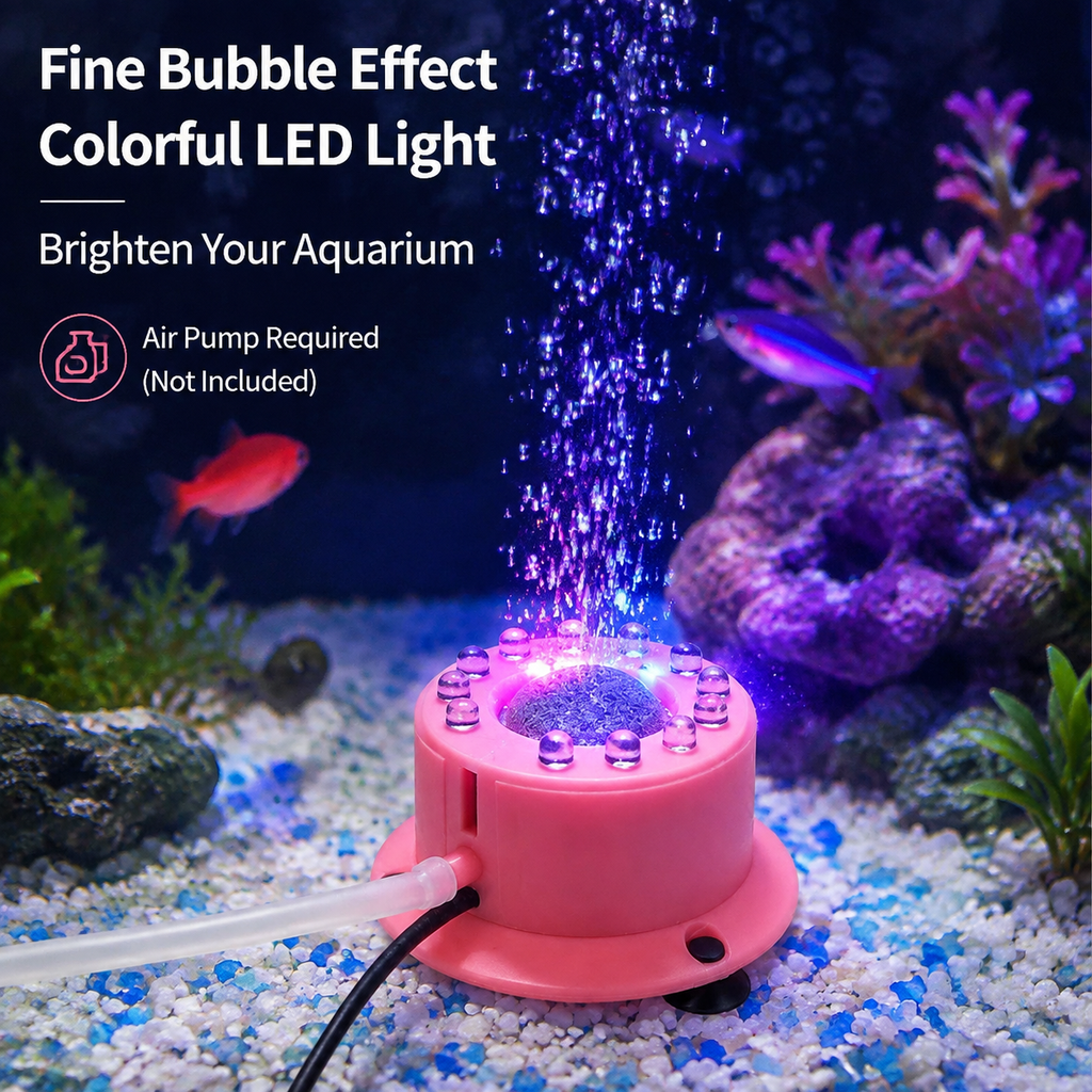 Colorful LED bubble air stone working inside a fish tank
