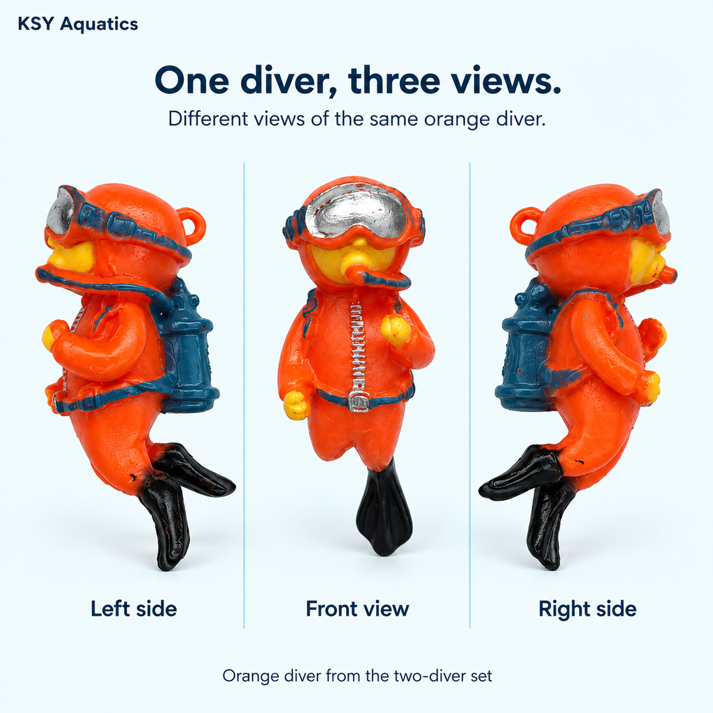 Orange floating diver aquarium ornament shown from three angles