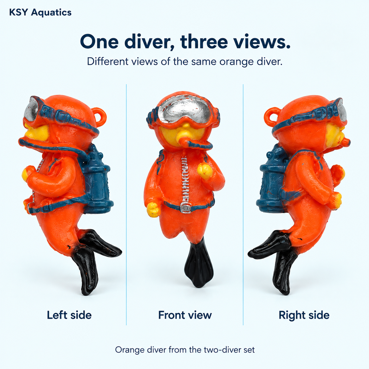 Orange floating diver aquarium ornament shown from three angles