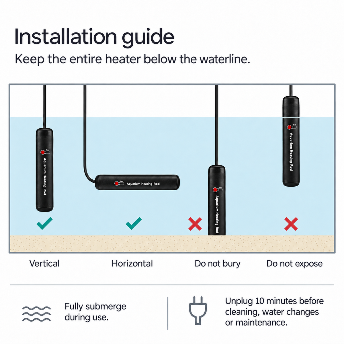 Fully submersible aquarium heater vertical and horizontal installation guide