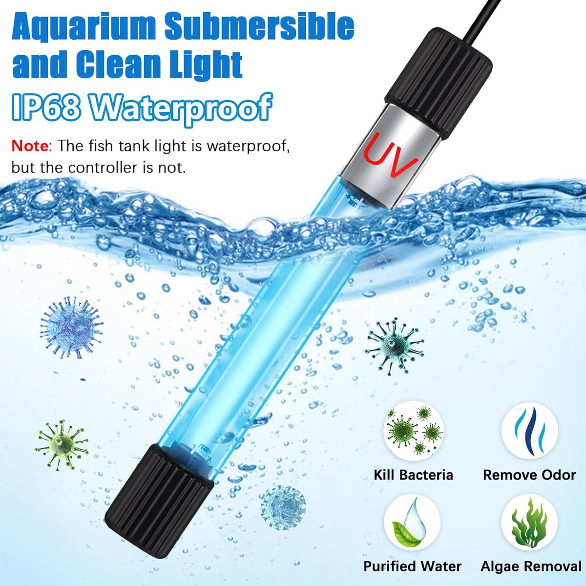 Submersible aquarium UV-C light with IP68 waterproof lamp body
