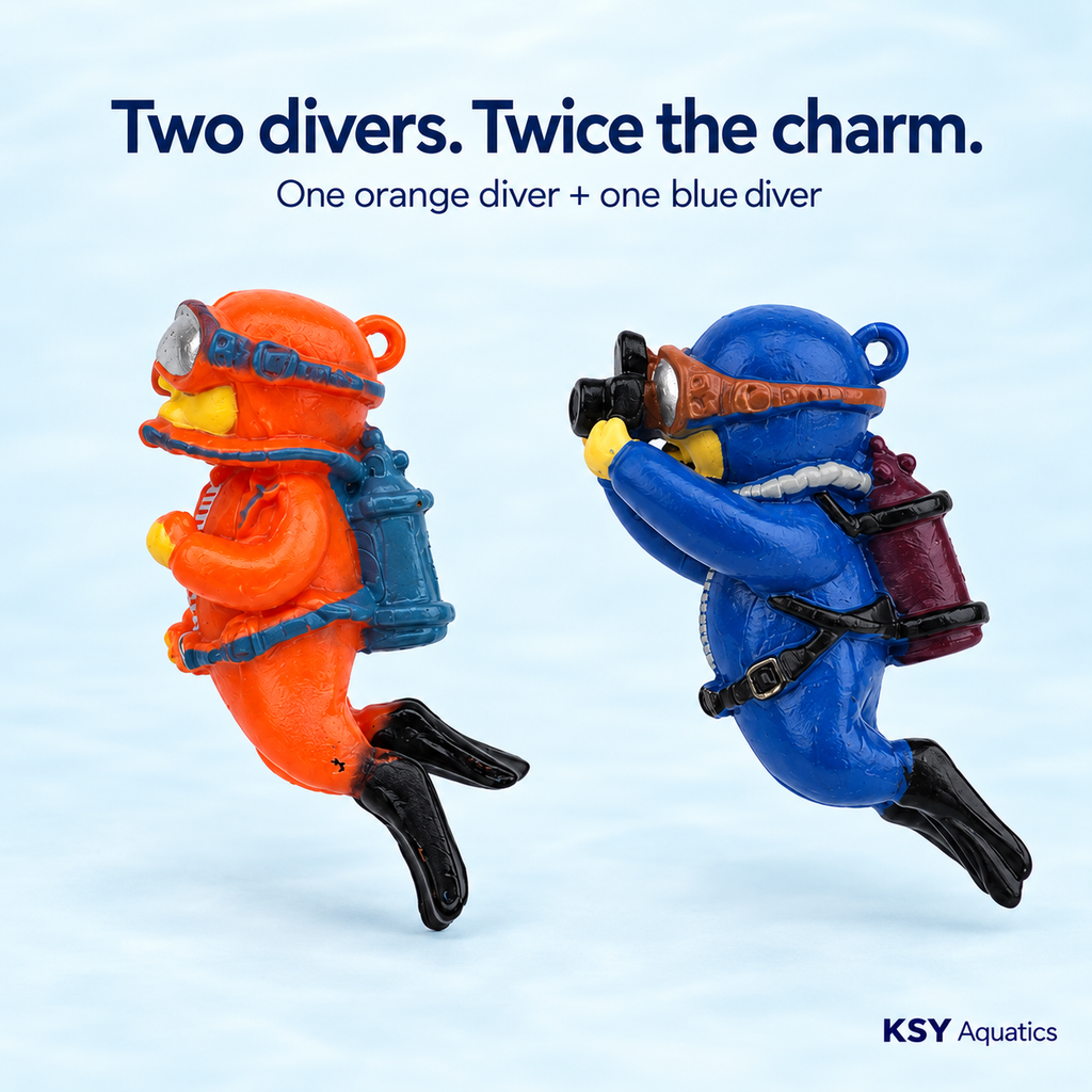 Two-piece aquarium diver ornament set with orange and blue divers