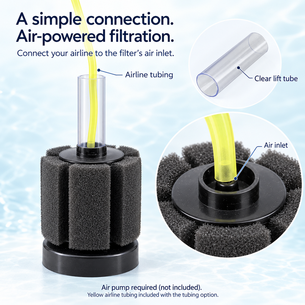 XY-2835 air-powered sponge filter showing airline tubing connection and air inlet