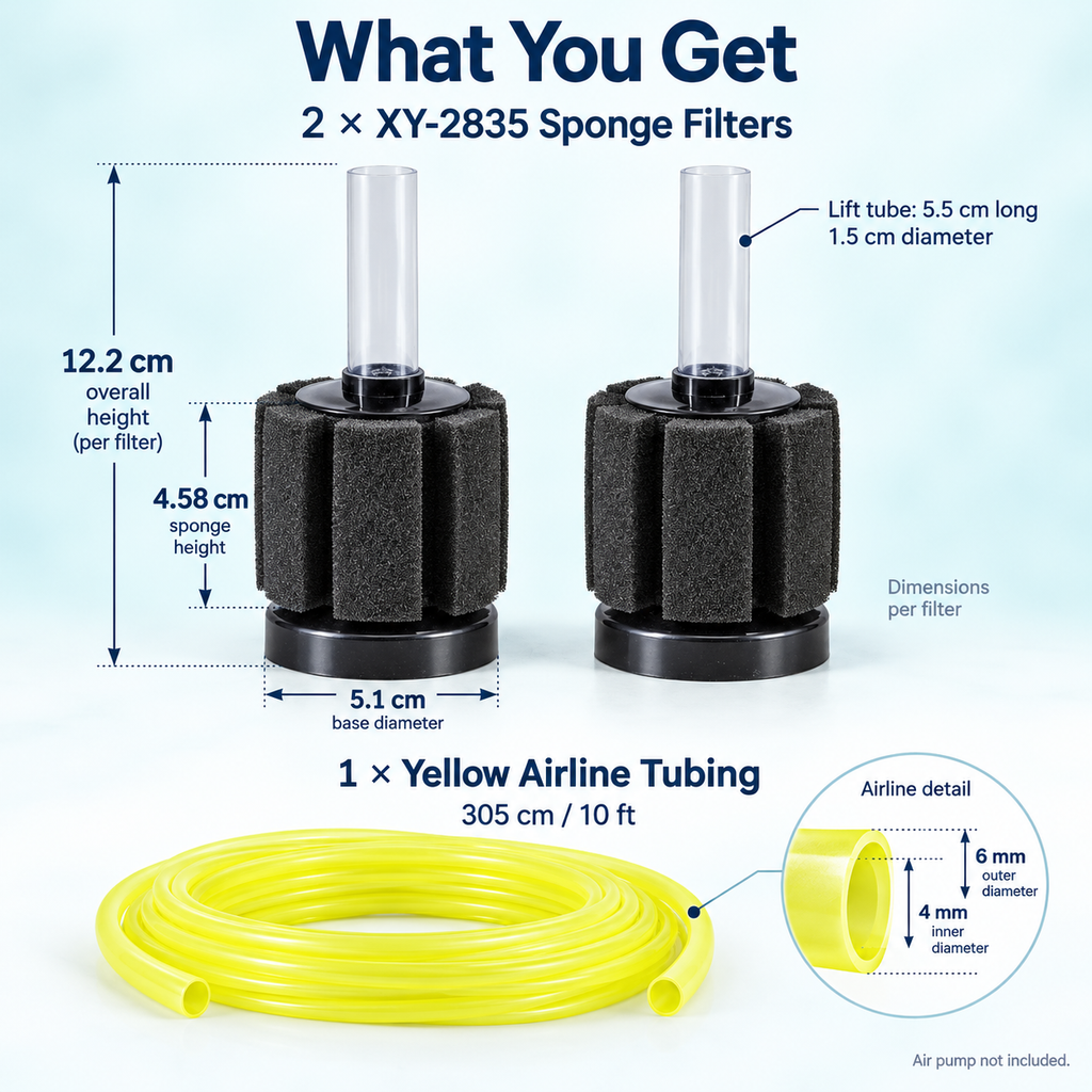 XY-2835 sponge filter kit dimensions with two filters and 10 ft airline tubing