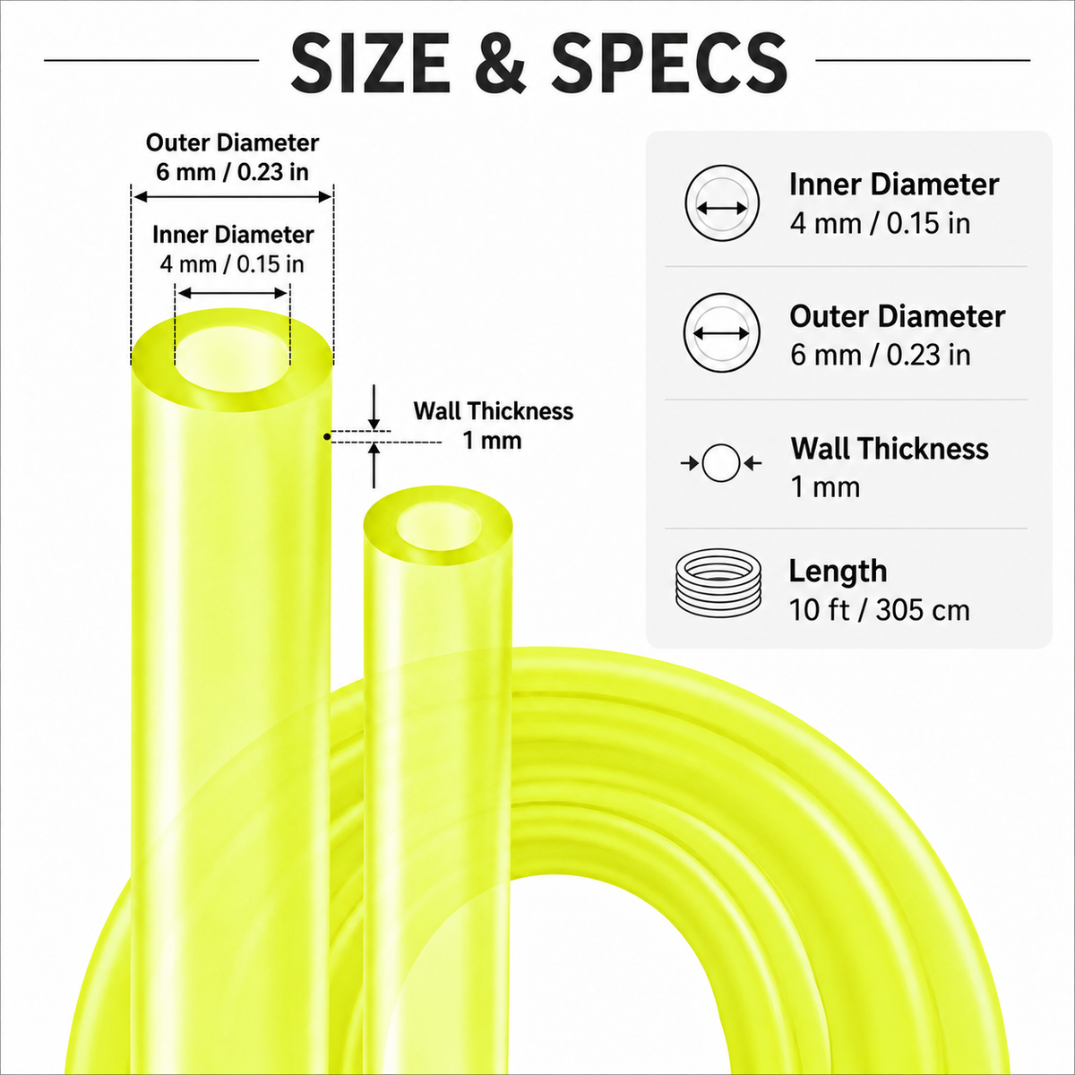 Yellow aquarium airline tubing with 4 mm inner diameter 6 mm outer diameter and 10 ft length